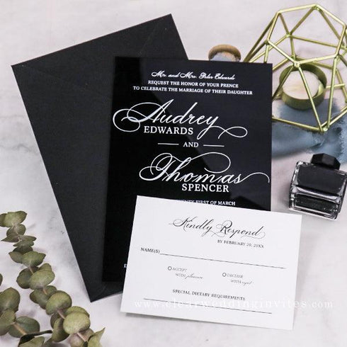 Simple White Calligraphy Black Acrylic Wedding Invitation CWIA90